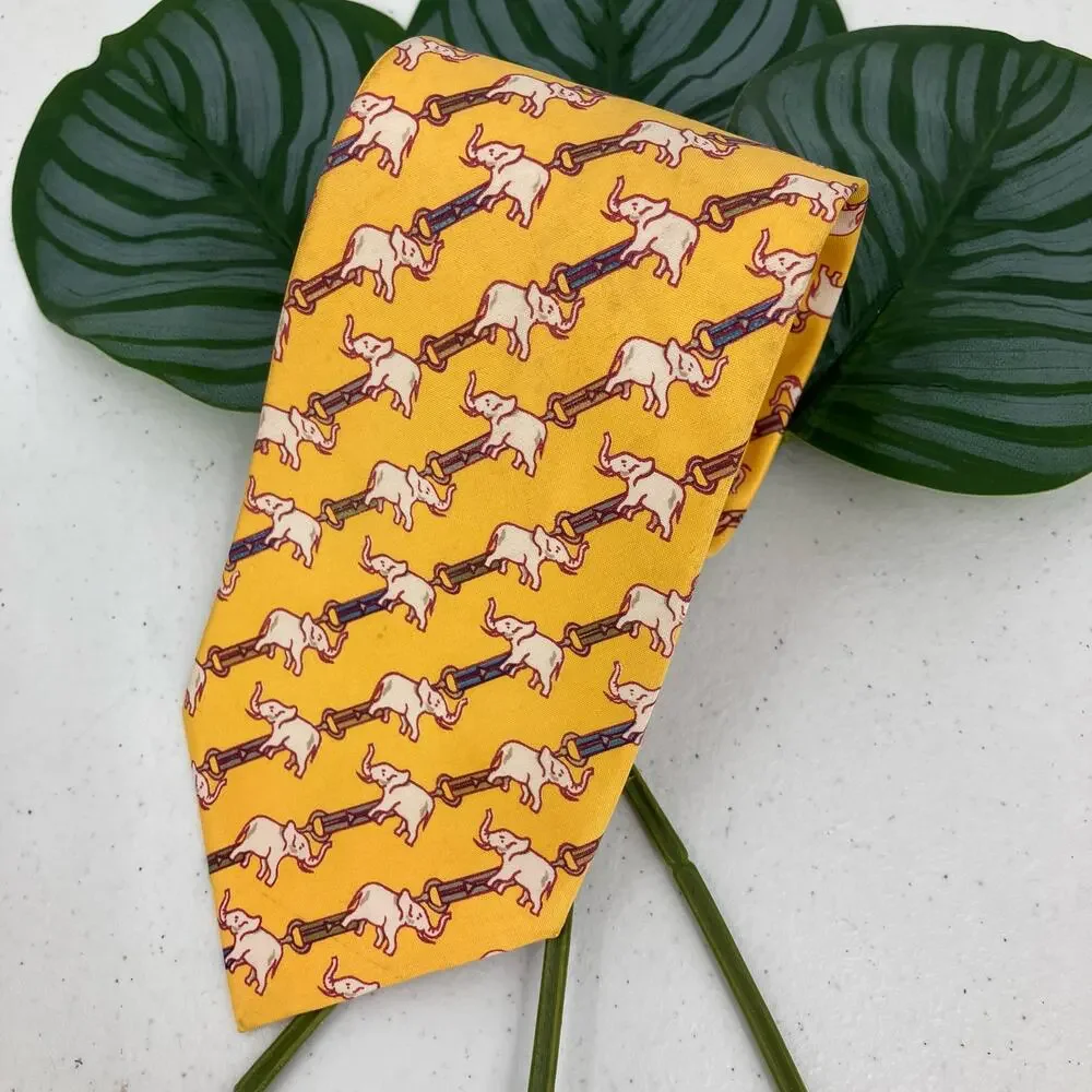 C.S. Design Yellow White Thai Silk Elephant Novelty Pattern Print Work Neck Tie